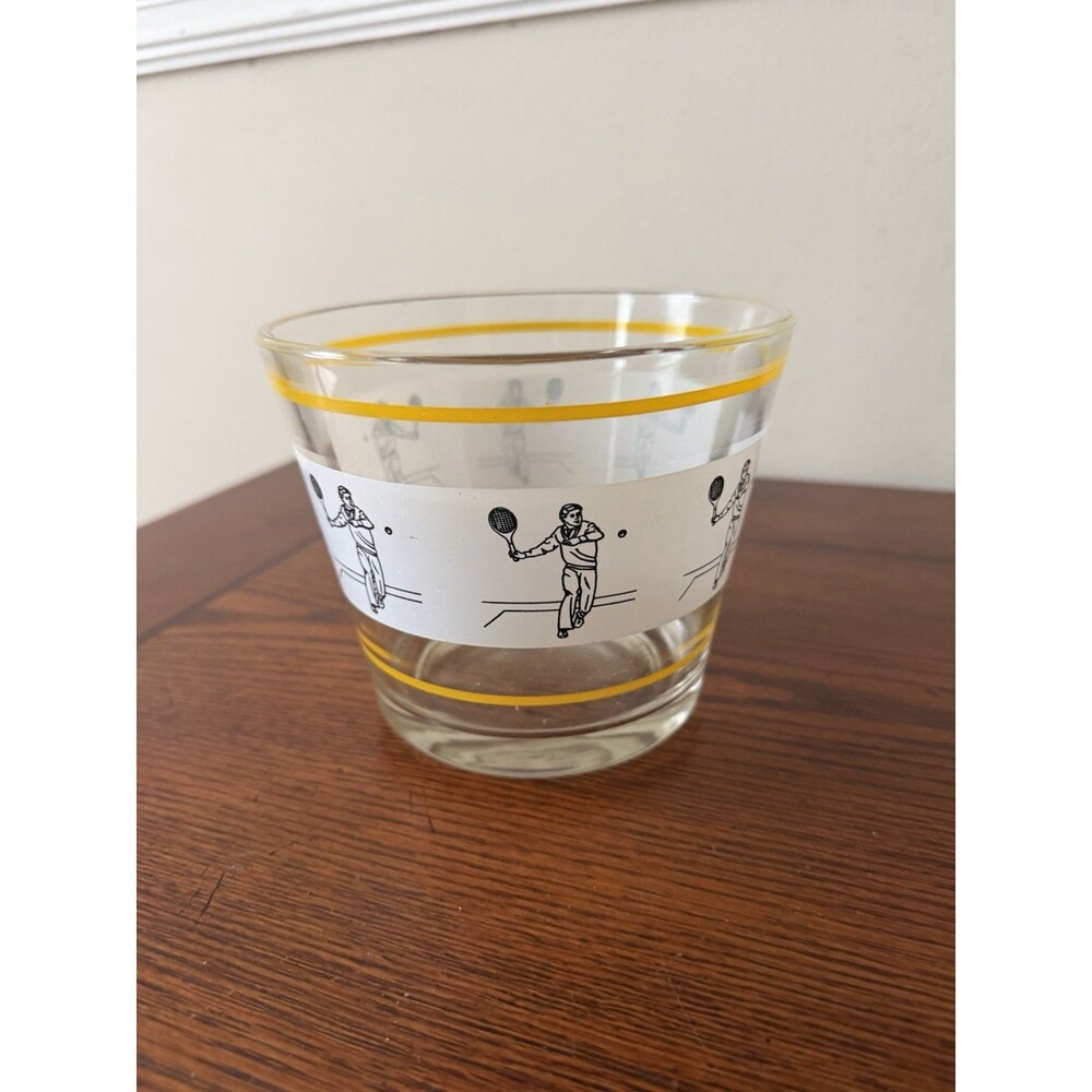 Vintage MCM 5" Tall Clear Glass Ice Bucket with Tennis Player Design